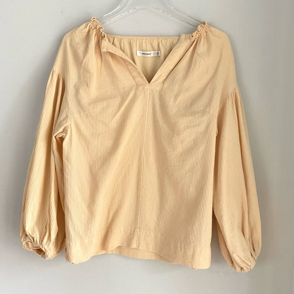 MOUSSY Rib Stripe Blouson Sleeve Peasant Top Yellow Cotton Size 1 Small Bohemian - Picture 1 of 7